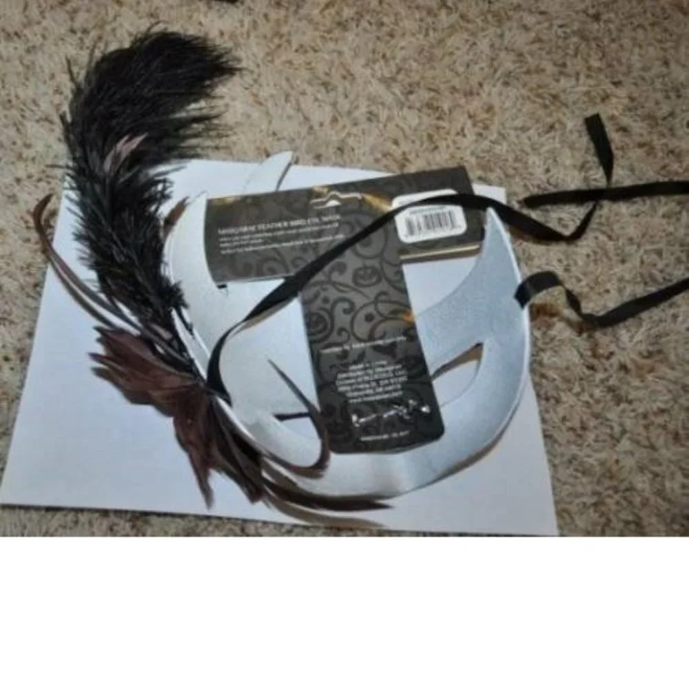 Masquerade Mask Halloween Mardi Gras White & Brown Feather Bird Ceramic Party
